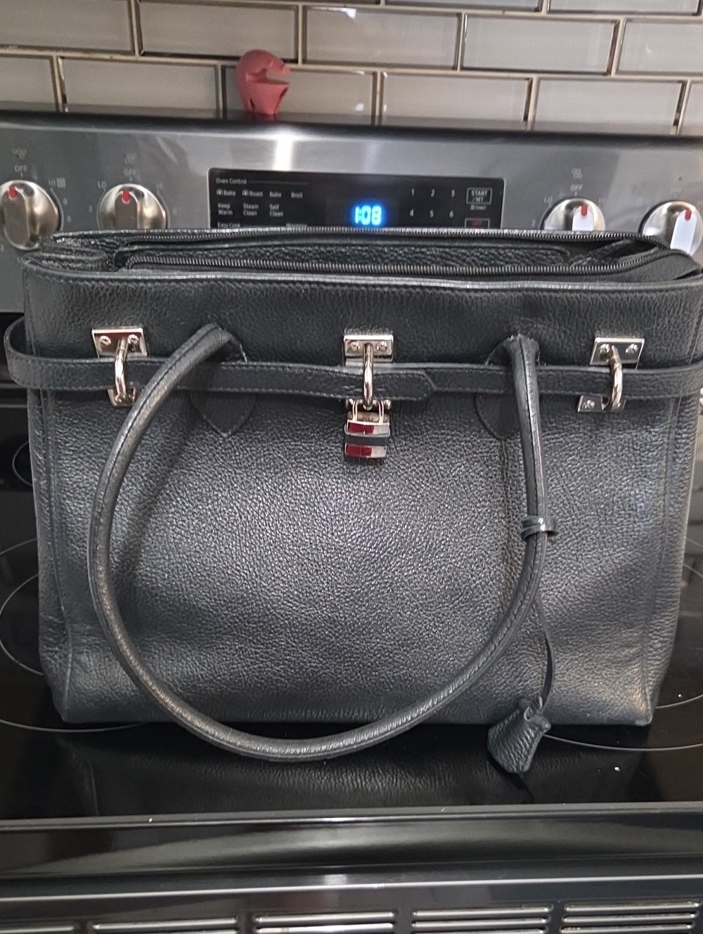 Black Leather Structured Tote Handbag